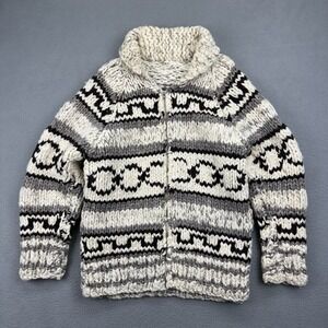 Vintage 70s Cowichan Sz Small Wool Zip Cardigan Sweater Chunky Knit White Black
